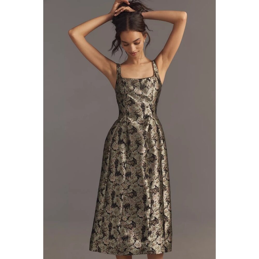 Maeve Gold Brocade Midi Dress - Picture 2 of 5